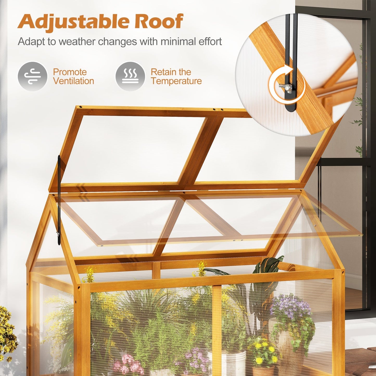 Wood Cold Frame Greenhouse Raised Flower Planter Protection with Adjustable Roof-Orange