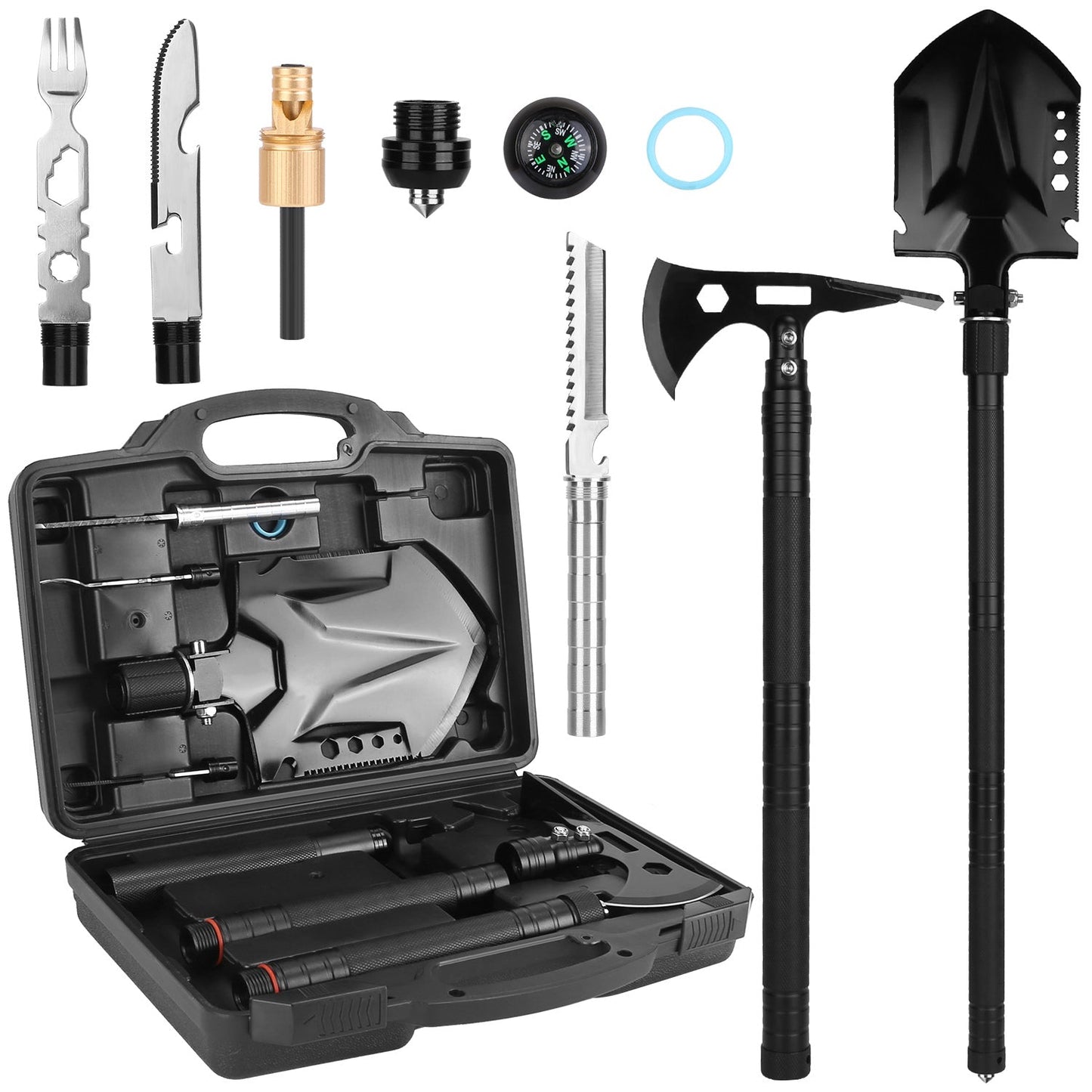 Multifunctional Shovel Axe Set Camping Survival Shovel Multitool Emergency Survival Gear with Extension Handles Carrying Box