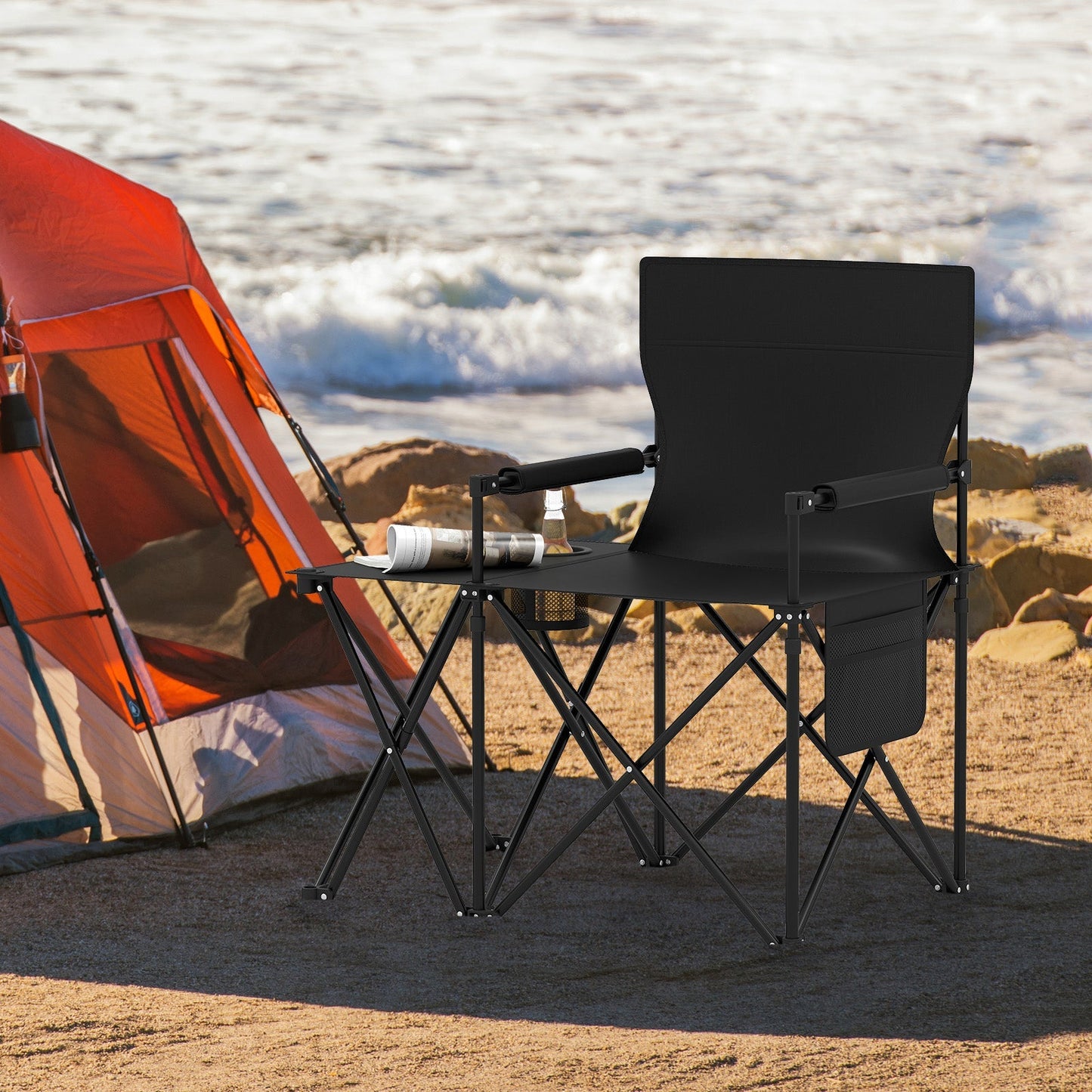 Oversized Camping Chair with Side Table and 2 Storage Pockets