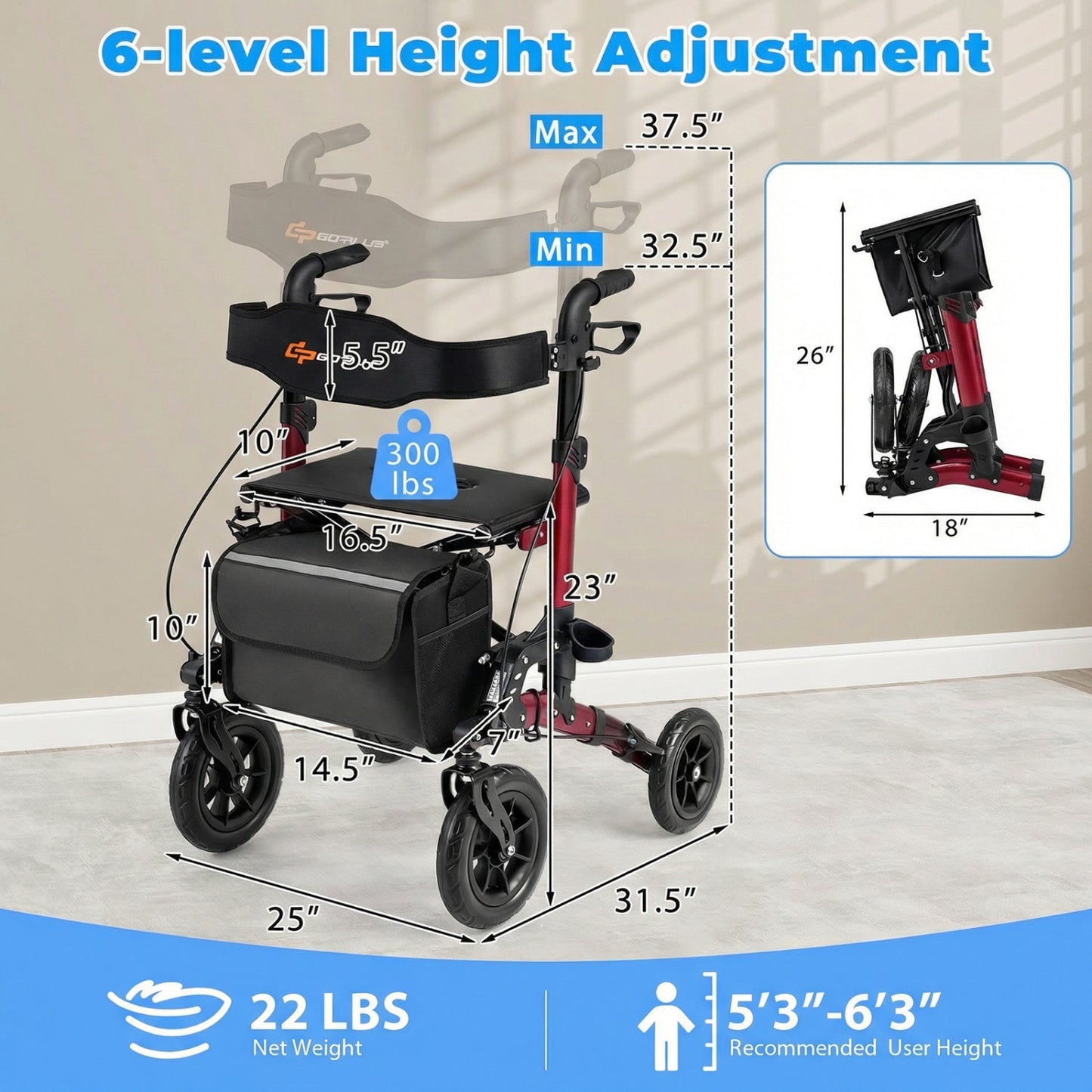 Rollator Folding Rolling Walker with Seat
