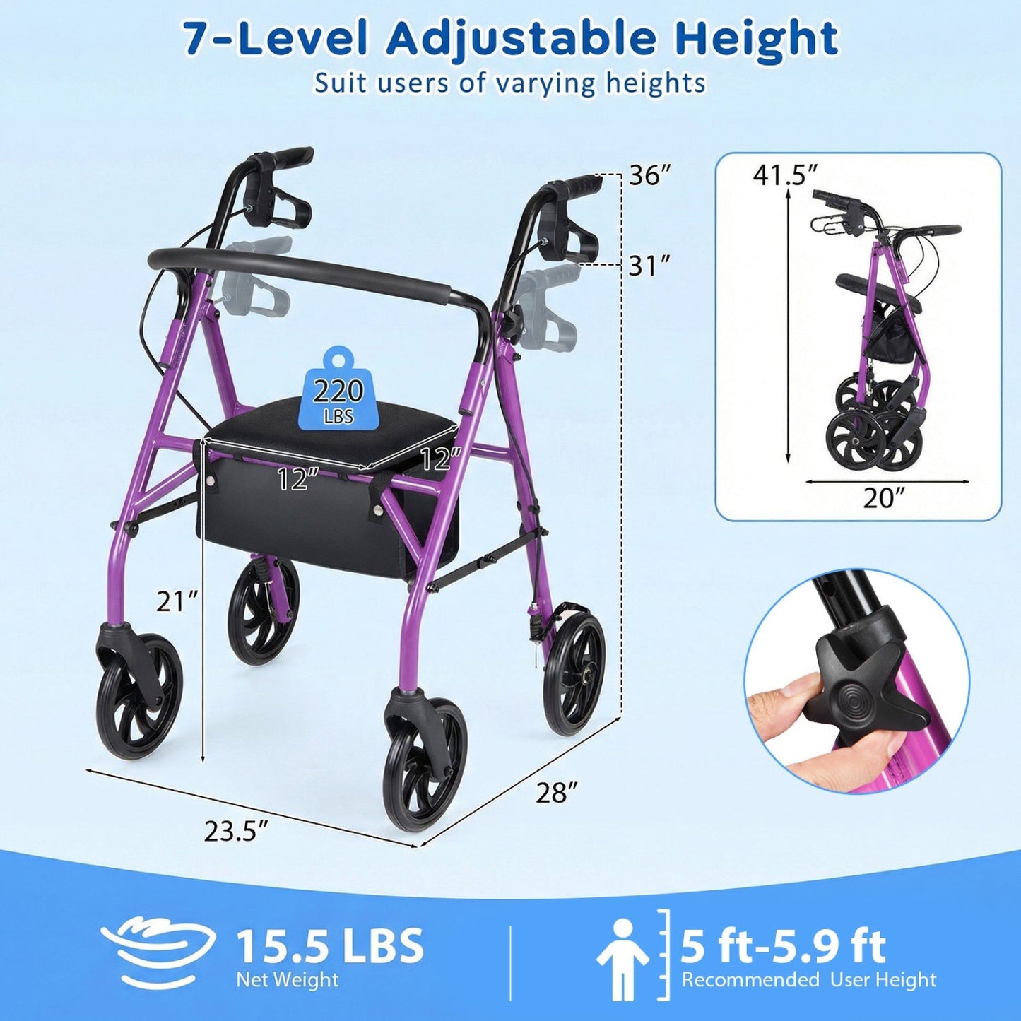 Rollator Walker with Seat and Height Adjustable Handles