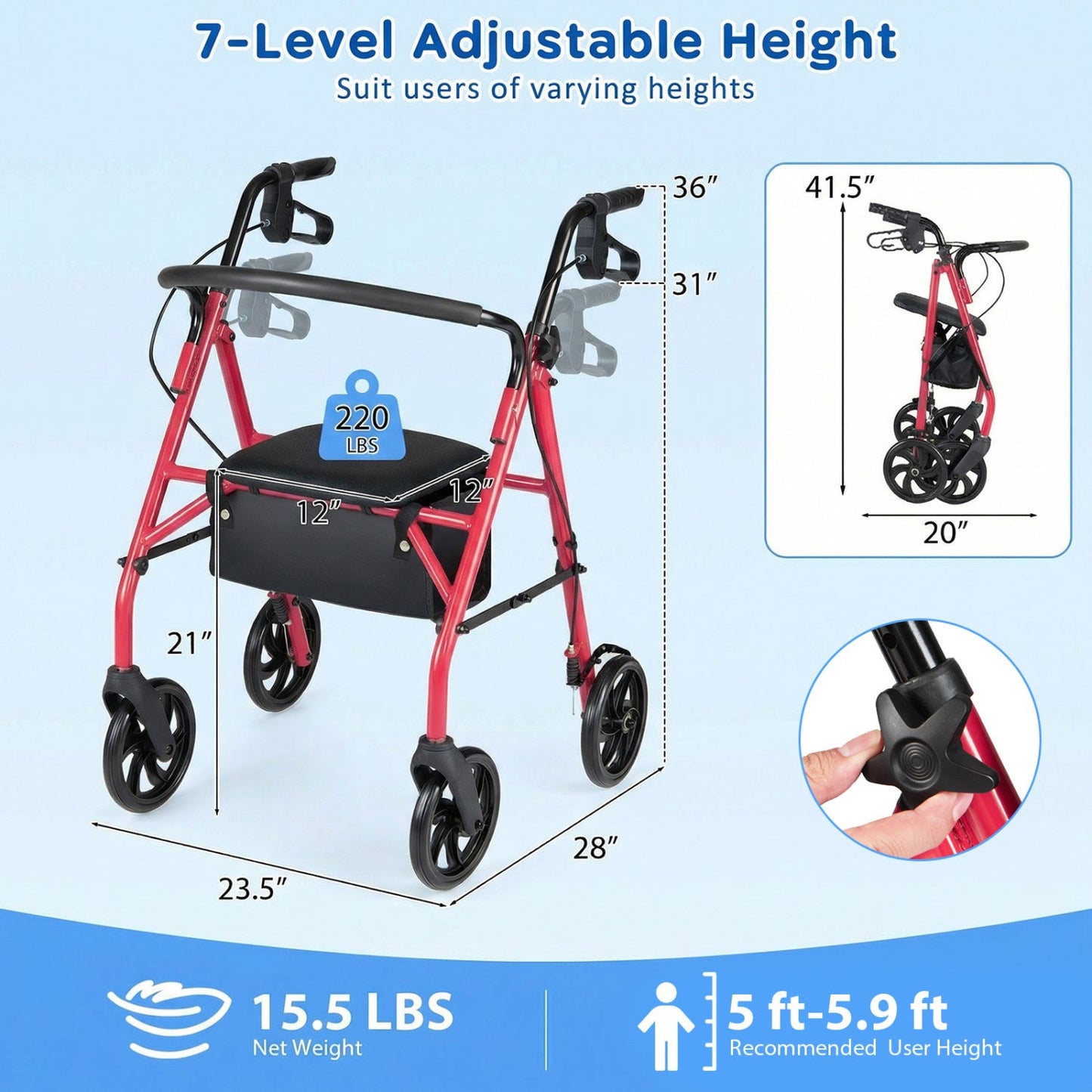 Rollator Walker with Seat and Height Adjustable Handles