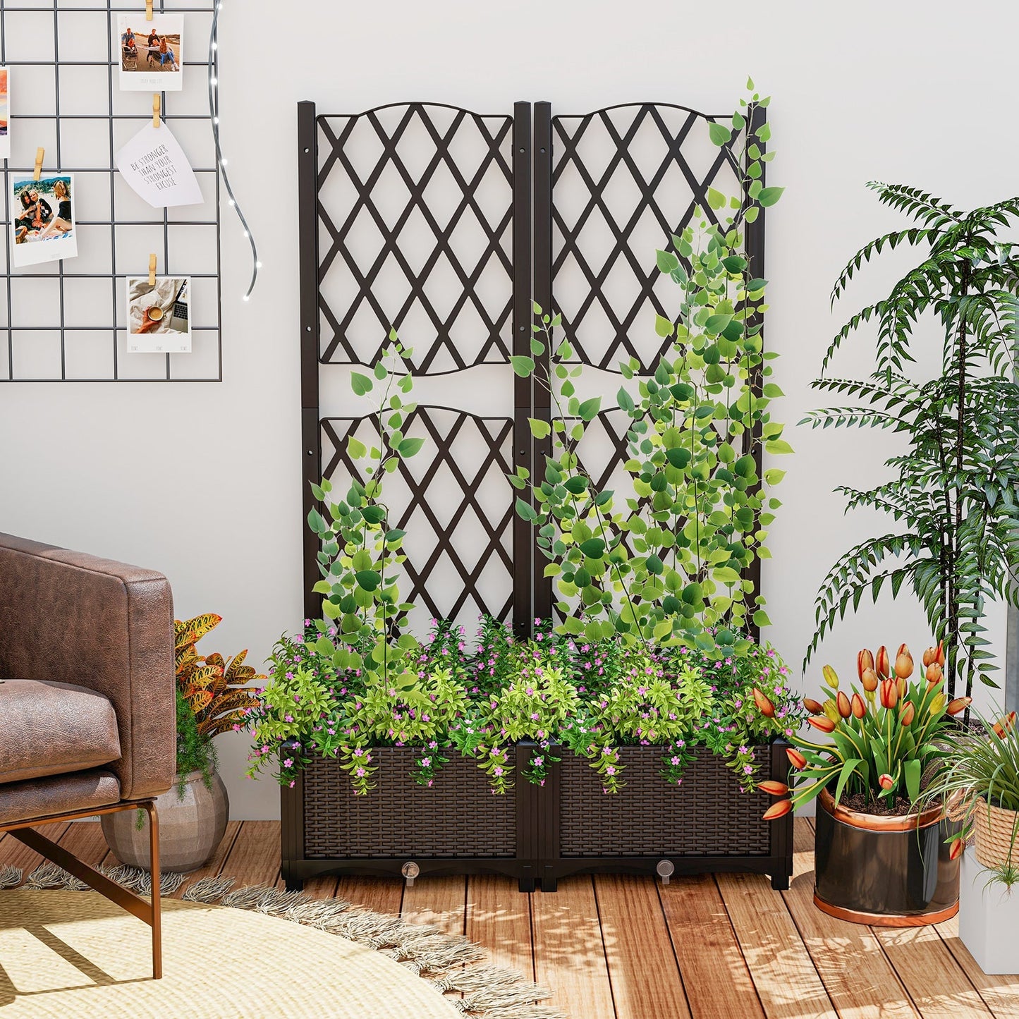 Set of 2 PE Rattan Raised Garden Bed with Trellis Planter Box for Climbing Plants-Rustic Brown