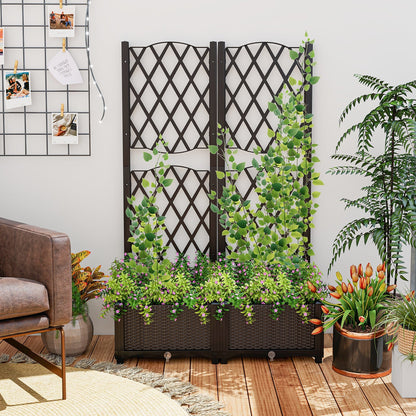 Set of 2 PE Rattan Raised Garden Bed with Trellis Planter Box for Climbing Plants-Rustic Brown