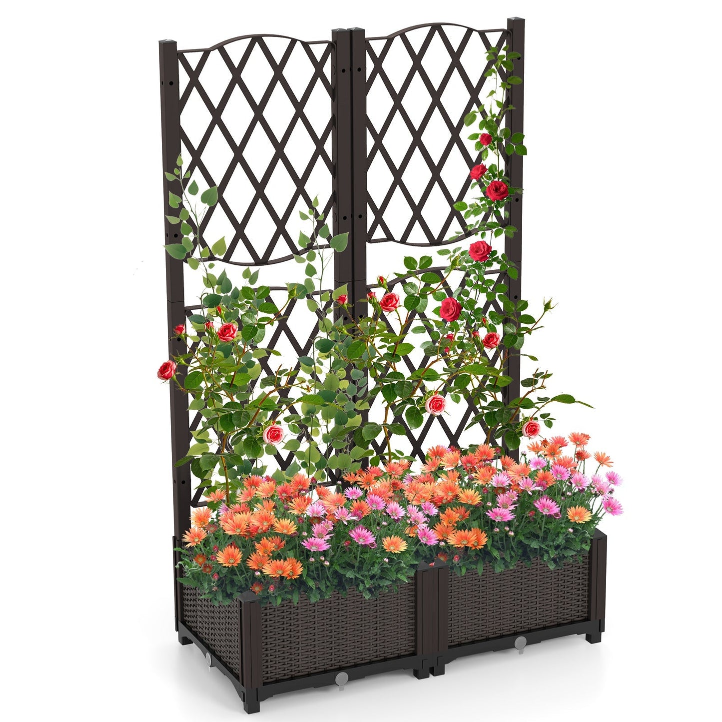 Set of 2 PE Rattan Raised Garden Bed with Trellis Planter Box for Climbing Plants-Rustic Brown