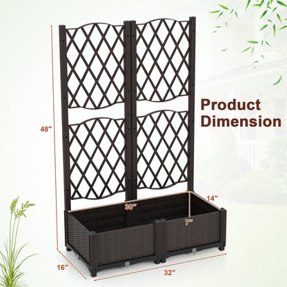 Set of 2 PE Rattan Raised Garden Bed with Trellis Planter Box for Climbing Plants-Rustic Brown