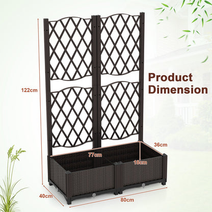Set of 2 PE Rattan Raised Garden Bed with Trellis Planter Box for Climbing Plants-Rustic Brown