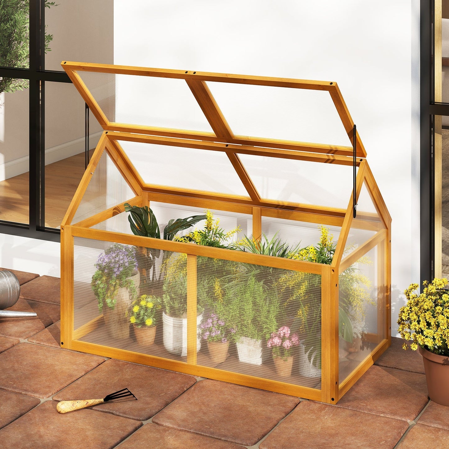 Wood Cold Frame Greenhouse Raised Flower Planter Protection with Adjustable Roof-Orange