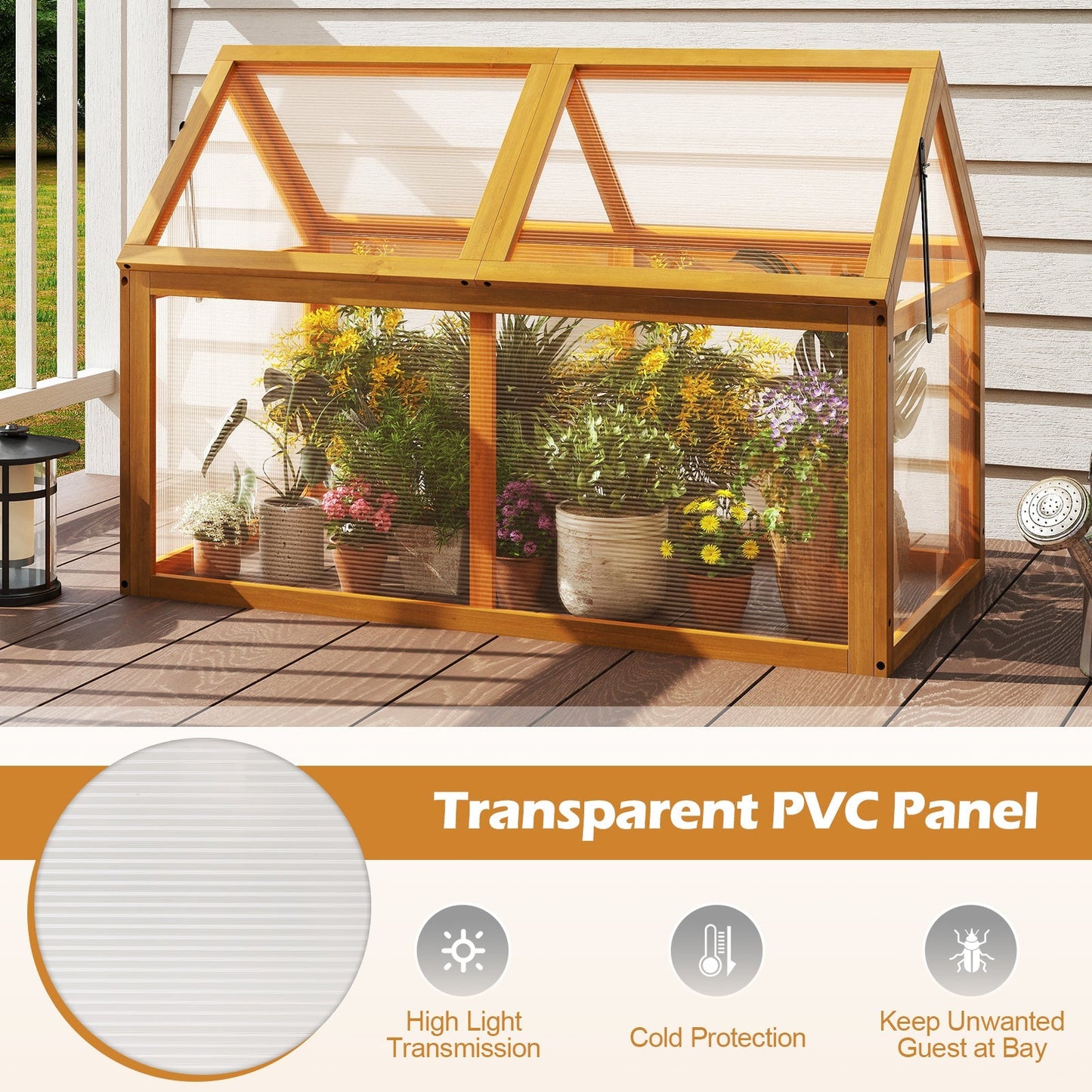 Wood Cold Frame Greenhouse Raised Flower Planter Protection with Adjustable Roof-Orange