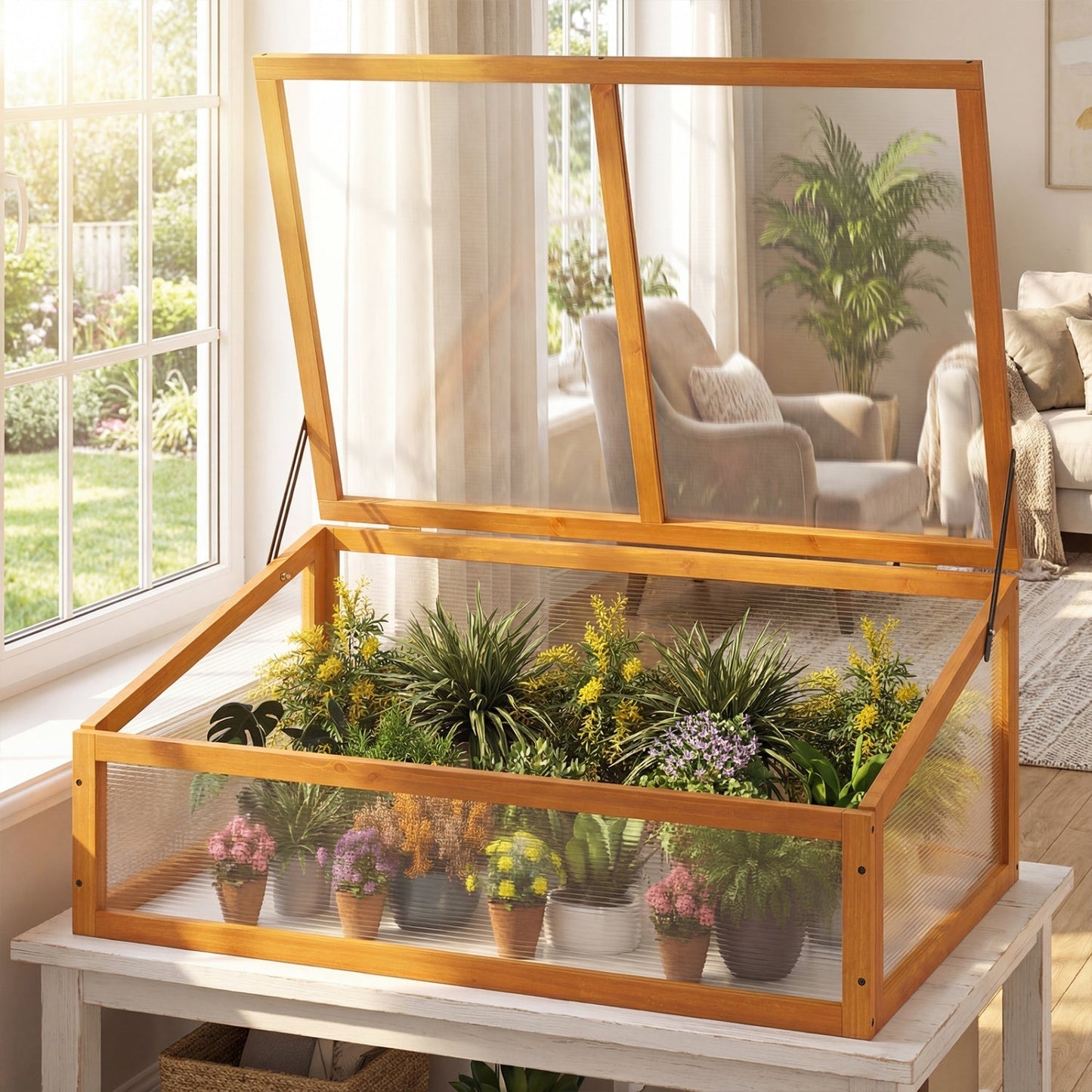 Wood Cold Frame Greenhouse Raised Planter Bed Protection with Transparent Flip-top Roof-Orange