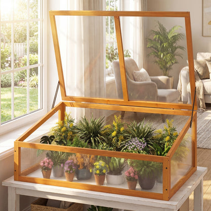 Wood Cold Frame Greenhouse Raised Planter Bed Protection with Transparent Flip-top Roof-Orange