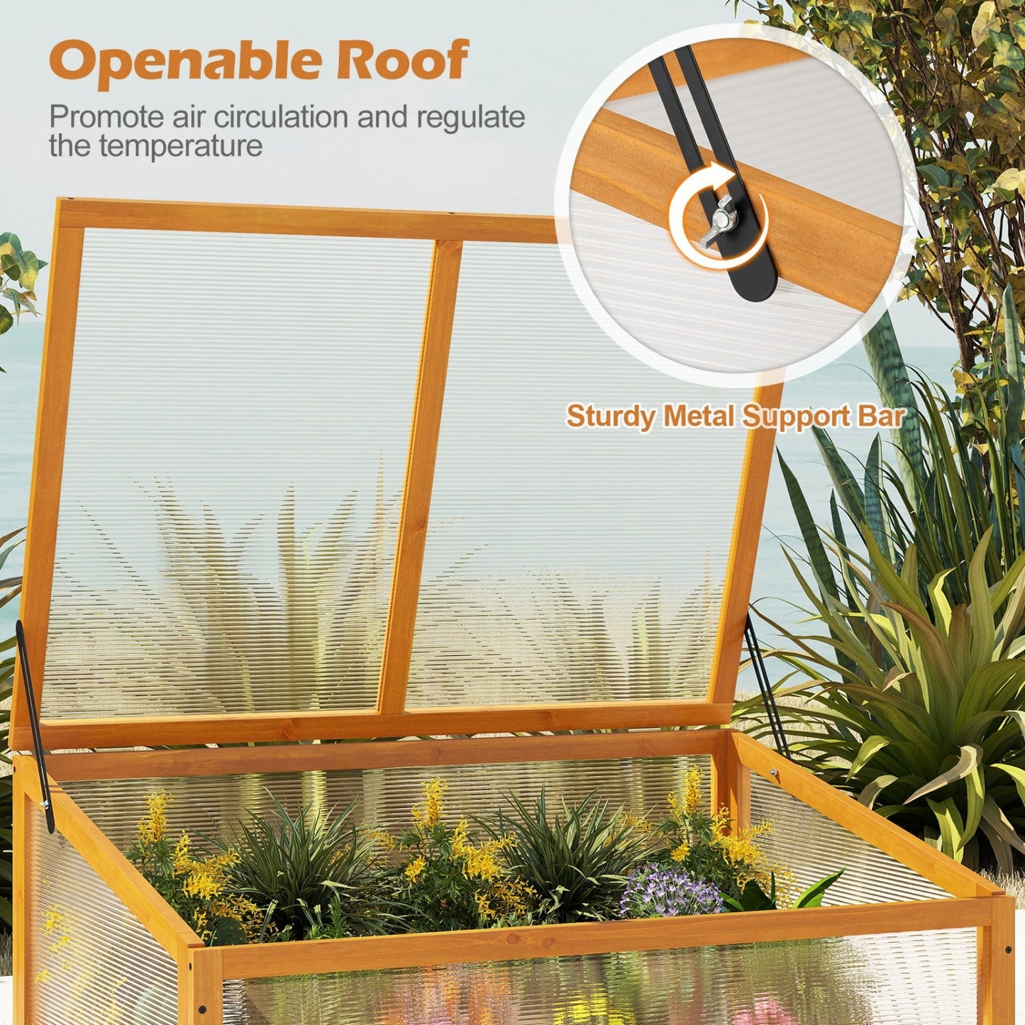 Wood Cold Frame Greenhouse Raised Planter Bed Protection with Transparent Flip-top Roof-Orange
