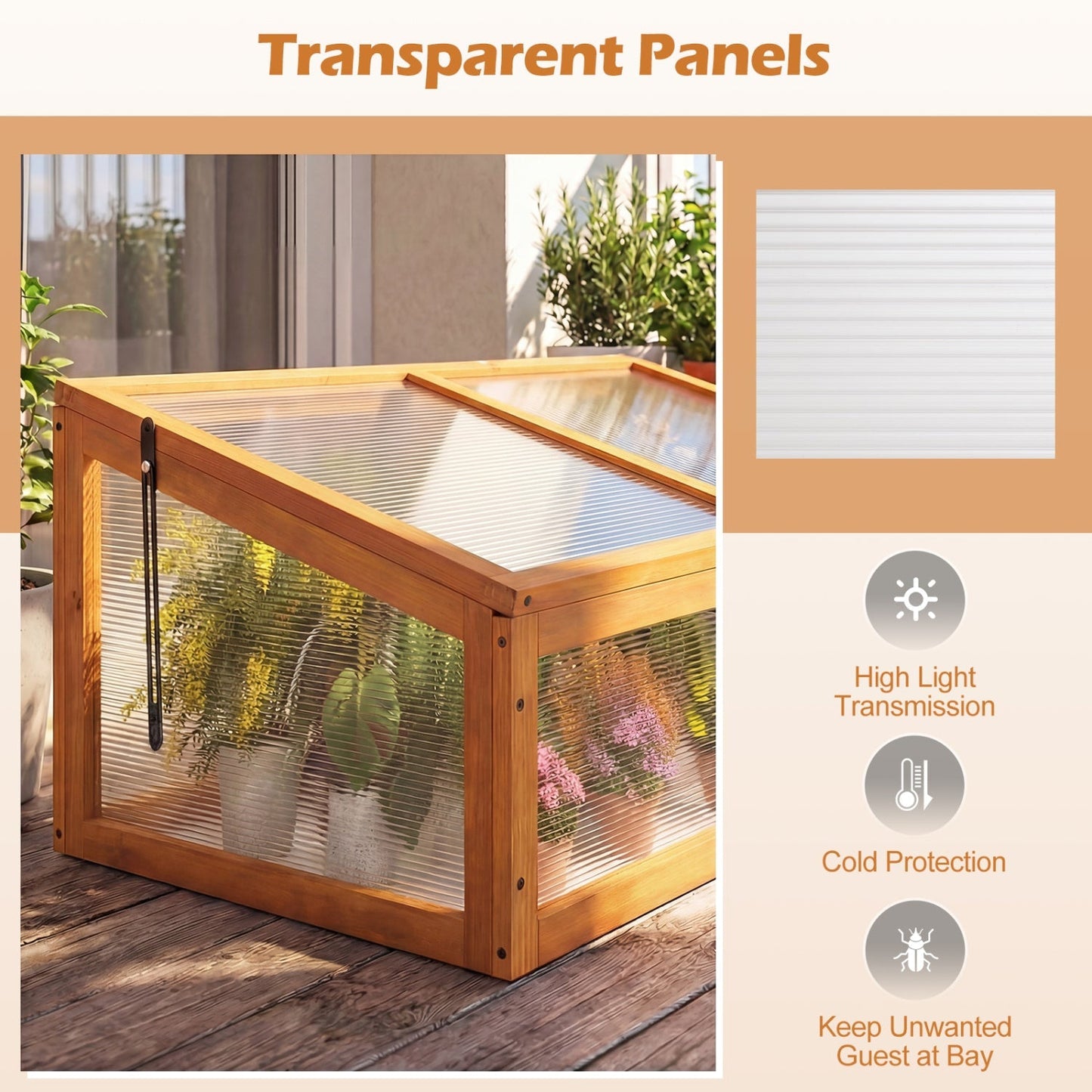 Wood Cold Frame Greenhouse Raised Planter Bed Protection with Transparent Flip-top Roof-Orange
