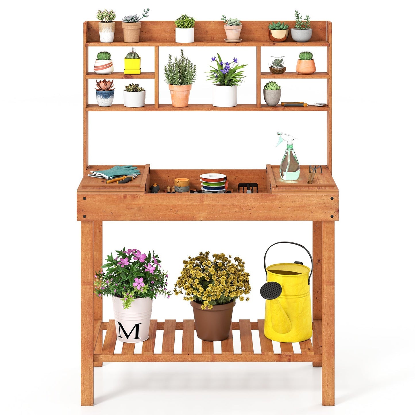Wooden Potting Bench Table 61" Garden Planting Workstation with 3-Tier Open Shelf-Brown
