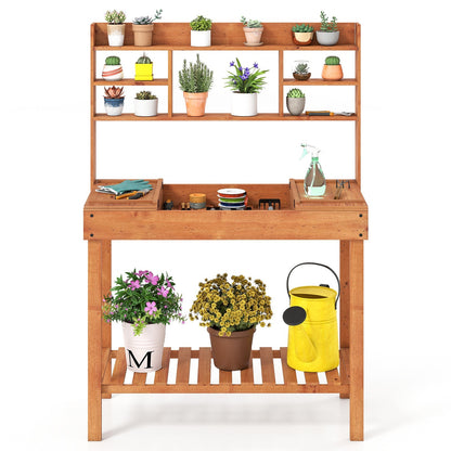 Wooden Potting Bench Table 61" Garden Planting Workstation with 3-Tier Open Shelf-Brown