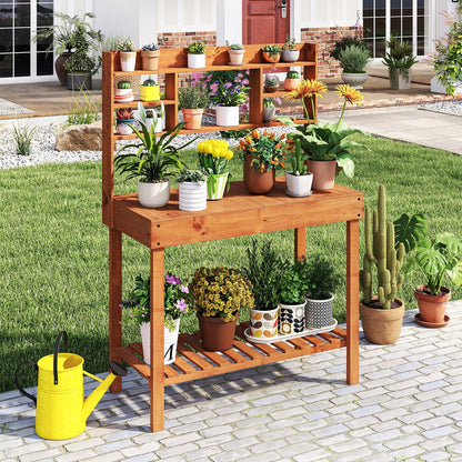 Wooden Potting Bench Table 61" Garden Planting Workstation with 3-Tier Open Shelf-Brown