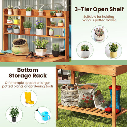 Wooden Potting Bench Table 61" Garden Planting Workstation with 3-Tier Open Shelf-Brown