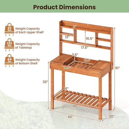 Wooden Potting Bench Table 61" Garden Planting Workstation with 3-Tier Open Shelf-Brown