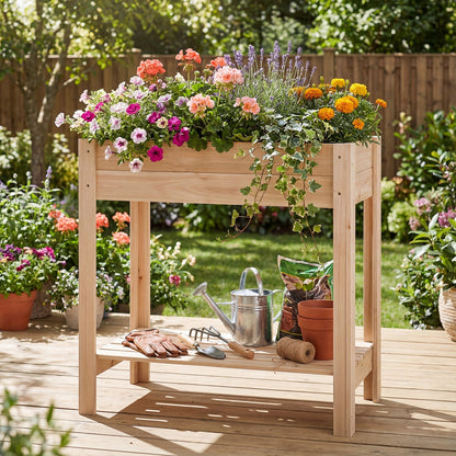 Wooden Raised Garden Bed with Legs and Storage Shelf