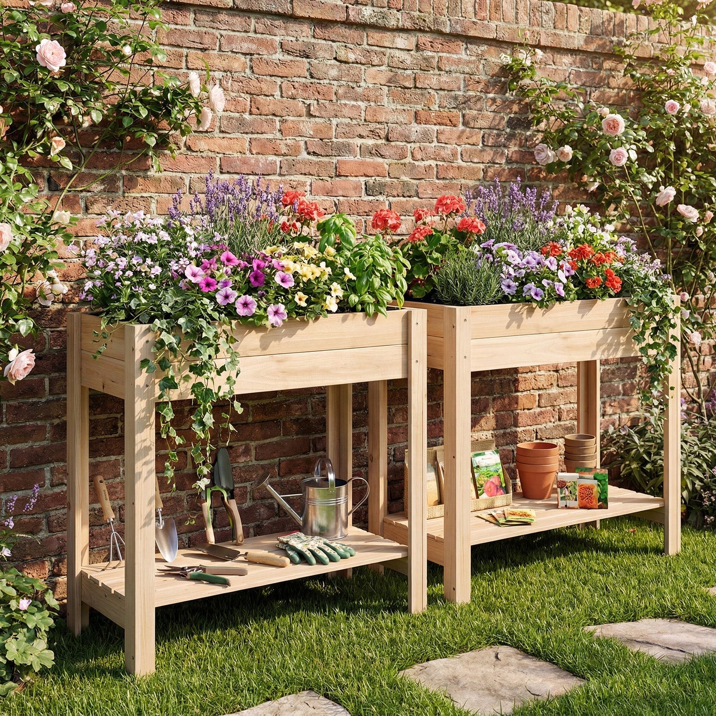 Wooden Raised Garden Bed with Legs and Storage Shelf