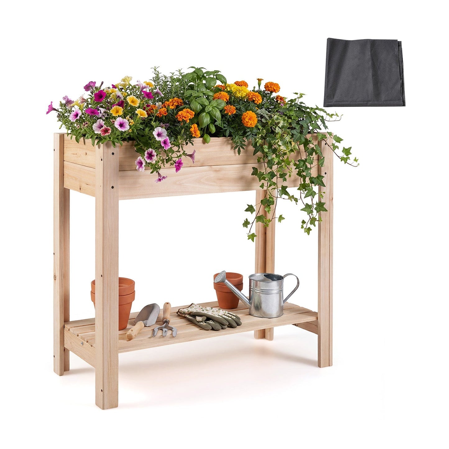 Wooden Raised Garden Bed with Legs and Storage Shelf