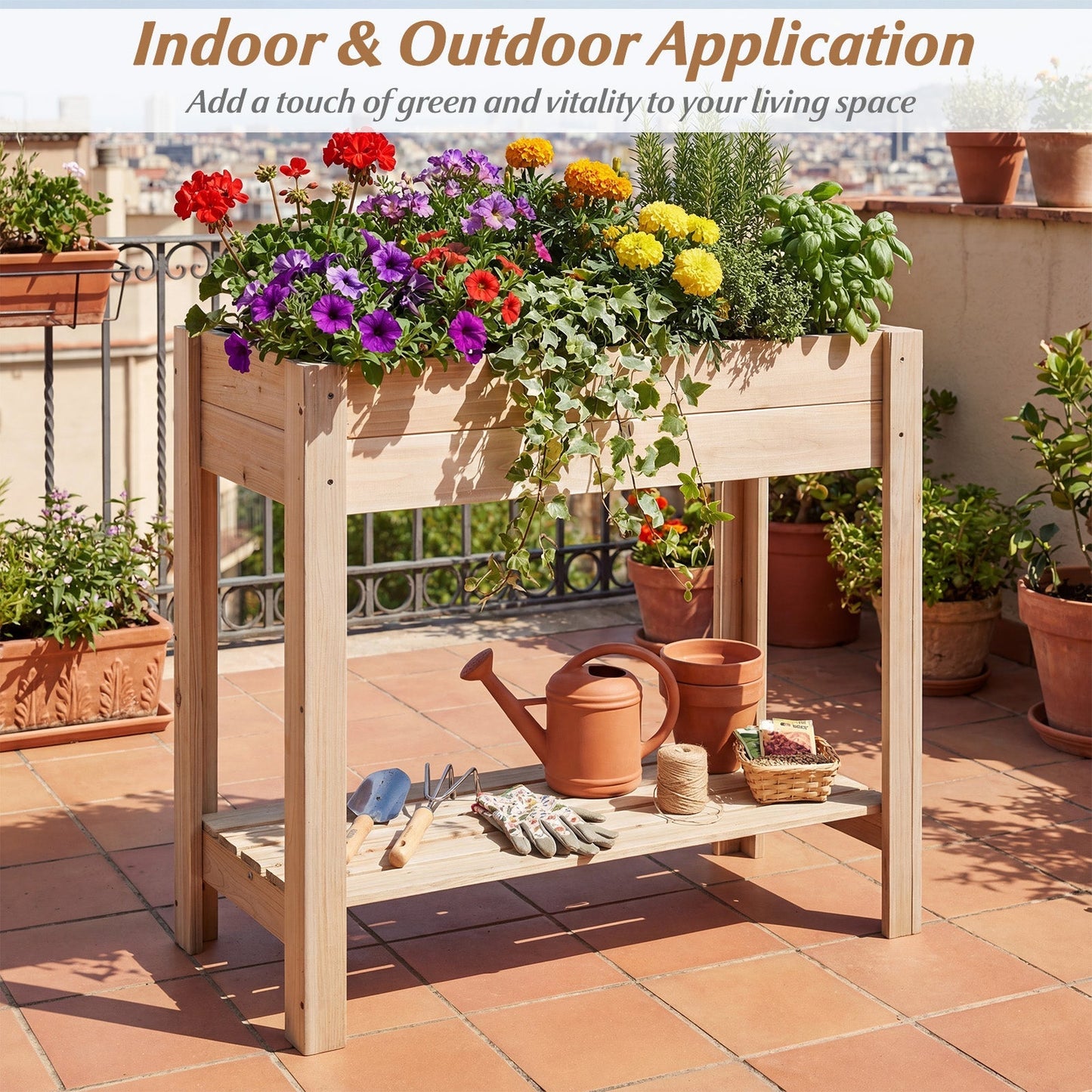 Wooden Raised Garden Bed with Legs and Storage Shelf