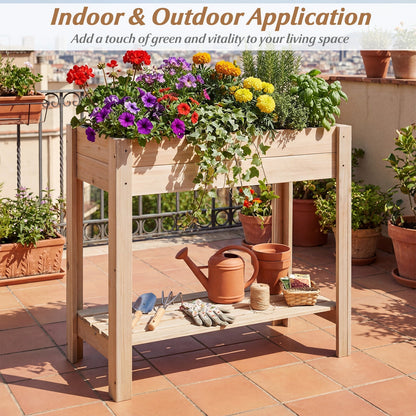 Wooden Raised Garden Bed with Legs and Storage Shelf