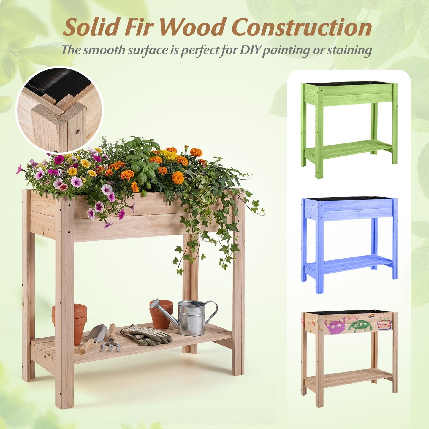 Wooden Raised Garden Bed with Legs and Storage Shelf