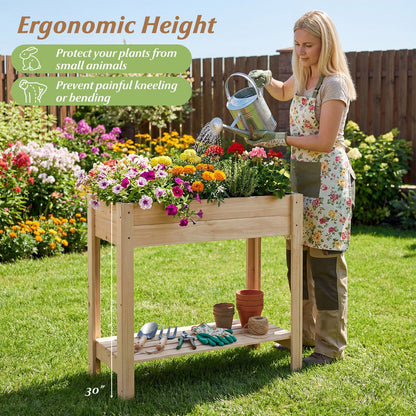 Wooden Raised Garden Bed with Legs and Storage Shelf