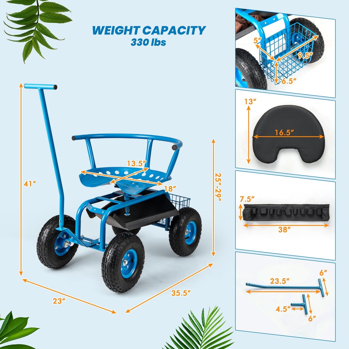 Rolling Garden Cart with Height Adjustable Swivel Seat and Storage Basket