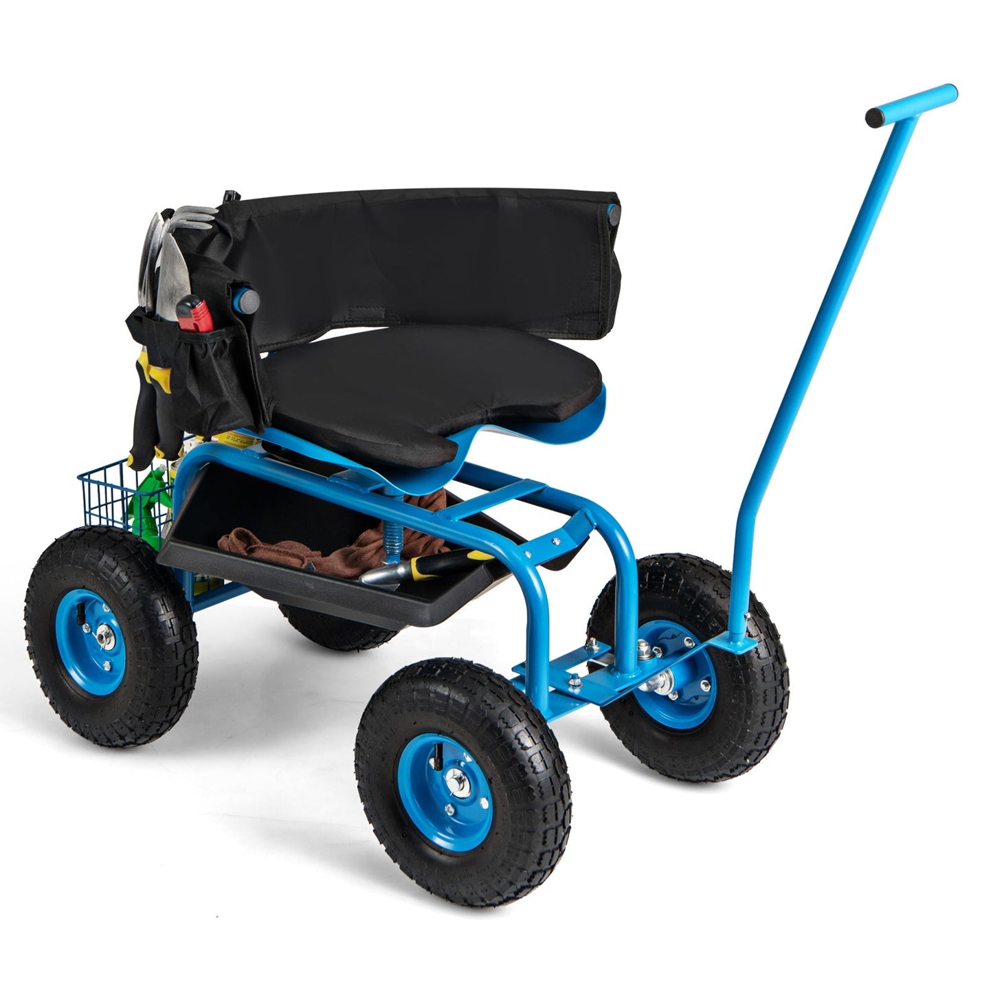 Rolling Garden Cart with Height Adjustable Swivel Seat and Storage Basket