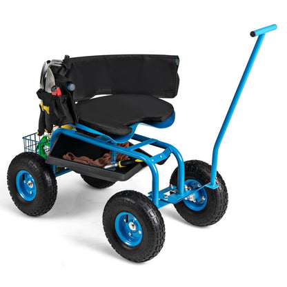 Rolling Garden Cart with Height Adjustable Swivel Seat and Storage Basket