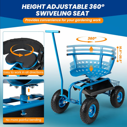 Rolling Garden Cart with Height Adjustable Swivel Seat and Storage Basket