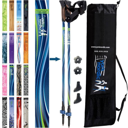 Official Nordic Walking Poles - True Nordic Glove Grip w-flip locks, detachable feet and travel bag - pair - For Heights up to 6’2”